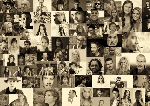 montage of black and white photos of the faces of a variety of ±100 people