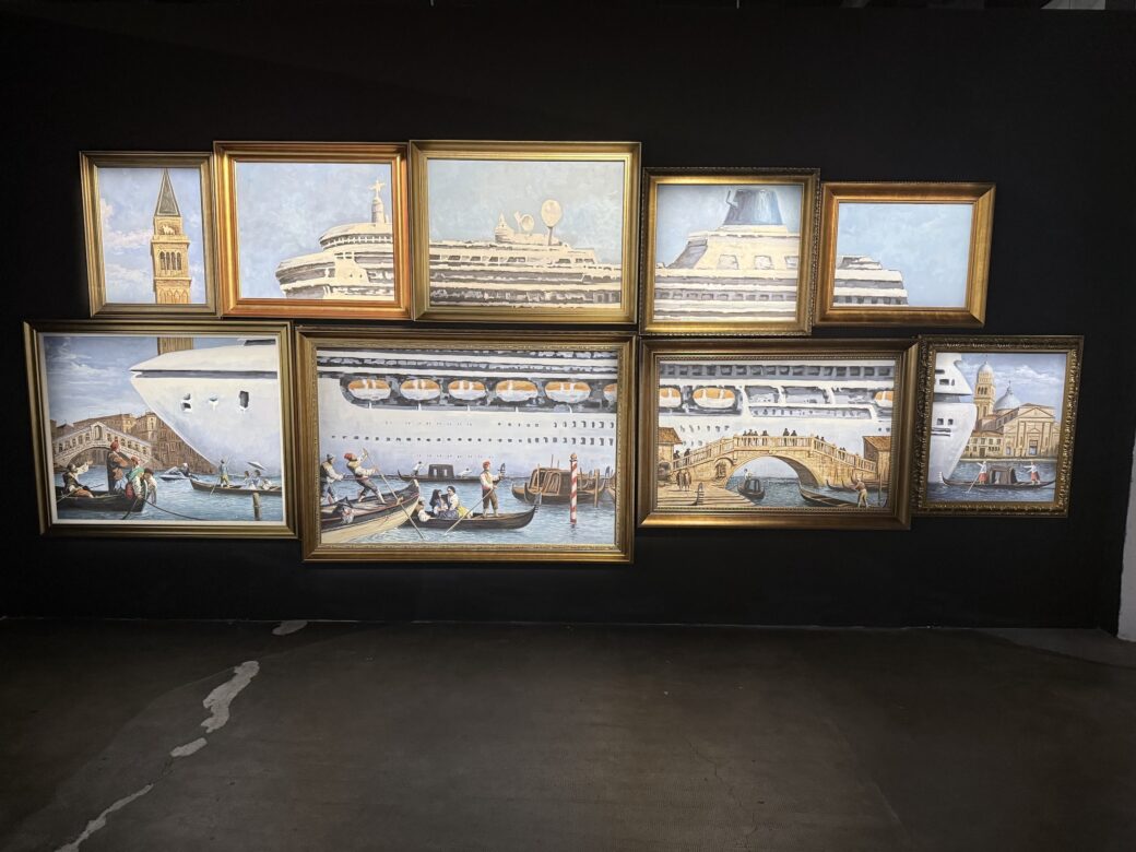 multiple paintings of ancient venice superimposed with a modern cruise ship