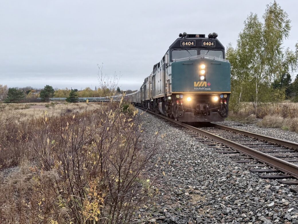 VIA Rail passenger train moving through Sackville, NB, Canada 